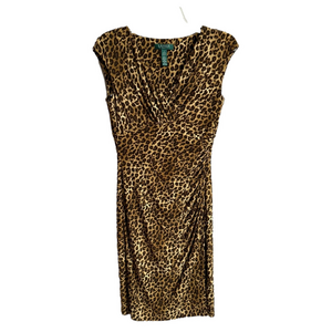 Ralph Lauren Faux Wrap V-Neck Ruched Leopard Print Dress Size 4 Stretch Bodycon